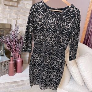 Lulus Bright Night Black Beaded Sequin Bodycon Dress - Black & Metallic